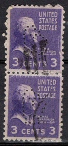 Perfins USA 1938, Sc807 2x 3c Thomas Jefferson. Used I - Picture 1 of 3