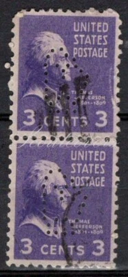 Perfins USA 1938, Sc807 2x 3c Thomas Jefferson. Used I - Image 1 of 3