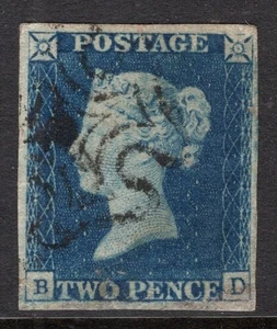 GREAT BRITAIN 1840 / VICTORIA TWO PENCE BLUE / SG # 5 USED REPAIRED - Picture 1 of 3