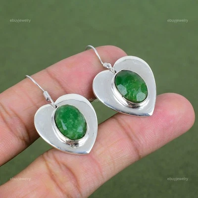 925 Sterling Silver Zambian Emrald Gemstone Dangle Drop Mother Heart Earrings - Image 1 of 4