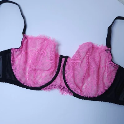 Sutiã de renda 36DD, balconette com aro, rosa e preto, sutiã europeu - Imagem 1 de 4