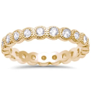 Yellow Gold Plated CZ Bezel Milgrain Stack Eternity Band Ring 925 Silver Size 9 - Picture 1 of 9