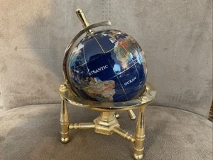 Gemstone Globe With Full Gold Tone Stand Paperweight Rotates Blue - Picture 1 of 6