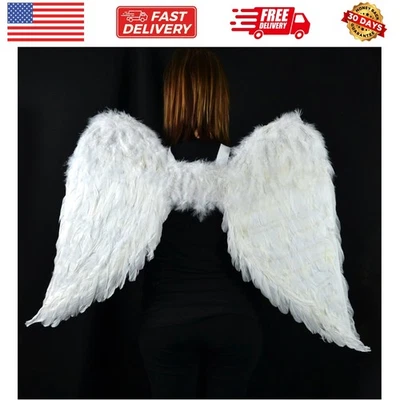 43 x 27 Inch White Feather Costume Angel Wings - Halo and Easy Wear Straps - Image 1 of 3