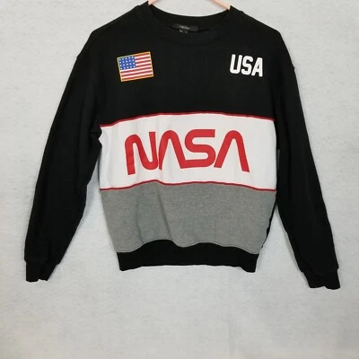 Sudadera Forever 21 NASA Bandera Patriótica Bloque de Color Cuello Redondo Negra Gris S Foto 1 de 4
