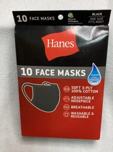 Hanes Washable and Reusable 10 Pack Black Face Masks Breathable Adjustable Y-1 - Picture 1 of 3