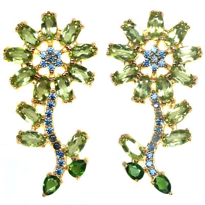 Unheated Gemstone Green Peridot, Chrome Diopside & Sapphire Earrings 925 Silver - Image 1 of 4
