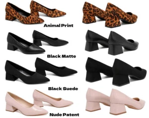 New Womens Block Chunky Closed Pointed Toe Elegant Slip On Pumps Court Shoes 3-8 - Picture 1 of 25