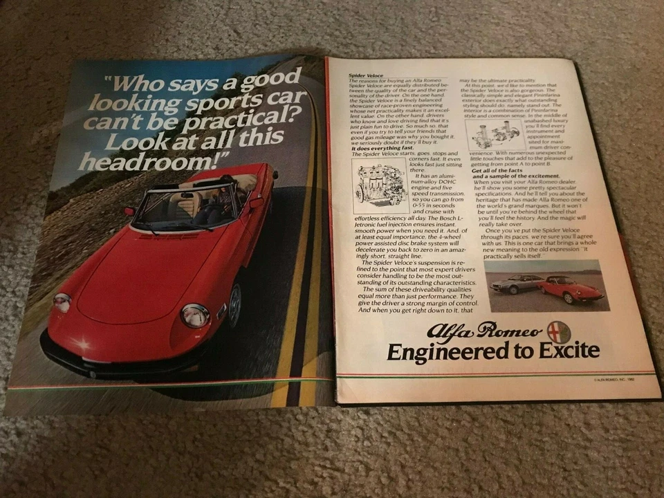 Винтаж 1982 ALFA ROMEO SPIDER VELOCE КАБРИОЛЕТ автомобиль печатная реклама красный 1980-х РЕДКАЯ - Изображение 1 из 1