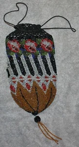 ANTIQUE VICTORIAN BEADED PURSE DRAWSTRING TOP GEOMETRIC & FLOWER - Picture 1 of 5