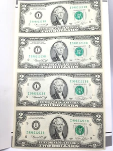 $2 Series of 1976 UC Sheet of 4 Federal Reserve of Minneapolis Uncut Notes - Picture 1 of 6