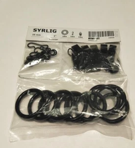 Ikea SYRLIG Black Curtain Ring 10 pack & hooks & clips 1" Diameter BRAND NEW - Picture 1 of 3