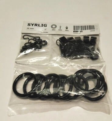 Ikea SYRLIG Black Curtain Ring 10 pack & hooks & clips 1" Diameter BRAND NEW - Image 1 of 3