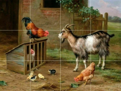Campo animales granja cabra gallo pintura antigua azulejo cerámica mural salpicadero Foto 1 de 4