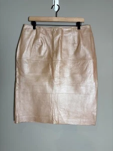 Shape Fx Rose Gold Metallic 100% Leather Pencil Skirt Lined Career Party Size 16 - Imagen 1 de 8