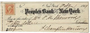 Cheque bancario R15 People's Bank of New York, Nueva York, 1869 - Imagen 1 de 2