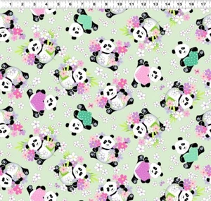 SUSYBEE ** Panda Party Tossed Pandas SB20427-835 Soft Green Panda Bears! Fabric - Picture 1 of 3