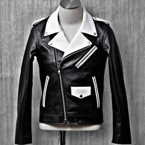 Men's Genuine Black & White Motorcycle Biker Sheep Leather Jacket - Picture 1 of 4