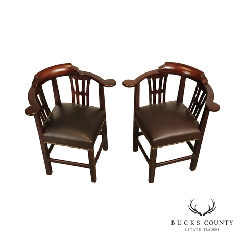 Antique 18th Century Eng. Chippendale Pair of Mahogany & Leather Corner Chairs Cover