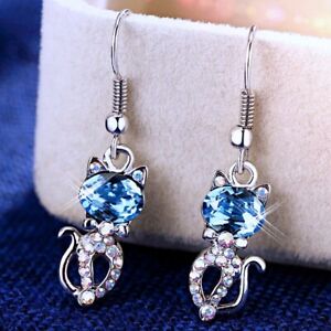 18K White Gold Filled Made With Swarovski Crystal Aquamarine Cat Dangle Earrings