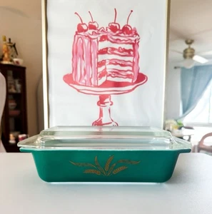 Vintage 1960 Pyrex Promo Green Wheat Space Saver Casserole 575 Dish w/ Lid 2 Qt - Picture 1 of 15