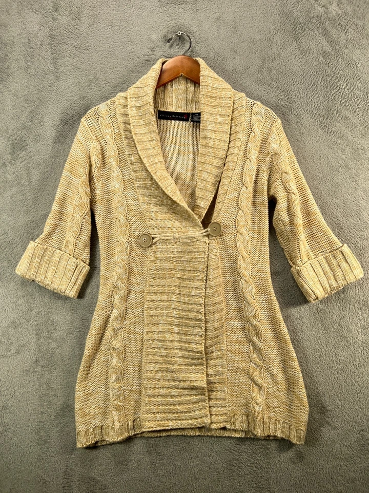 Cárdigan tejido con cable beige suéter cárdigan Allison Brittney Petite PM para mujer Foto 1 de 4