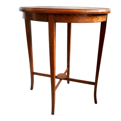 Antique 1920s Oval Accent Table Hand Painted Leaf Motif Solid Wood Tapered Legs - Image 1 of 4