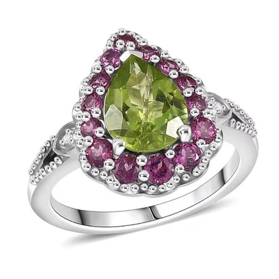 Hebei Peridot & Multi Gemstone Blushing Dewdrop Sz9 Ring Rhodium Over Silver 925 - Image 1 of 4