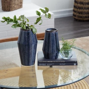 Dark Blue Ceramic Handmade Chevron Decorative Vase (Set of Dark Blue 6 x 6 x 11 - Picture 1 of 5