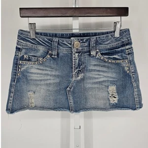 Vintage Y2K Colza Womens Sz M Blue Jean Mini Skirt Denim Studded Distressed - Picture 1 of 5