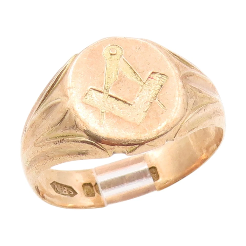 9k GOLD Vintage Ring ENGLAND Antique Masonic Solid Signet  Sz 10.5  GR1131 - Image 1 of 4