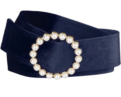Elegante cinturón de cintura de terciopelo azul vintage con hebilla de perlas sintéticas para mujer Foto 1 de 4