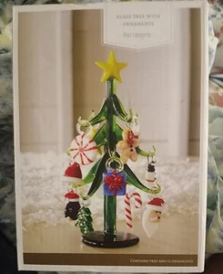 Pier 1 Mini Hand Blown Art Glass CHRISTMAS Tree + 12 Ornaments 6” Holiday Decor - Picture 1 of 4