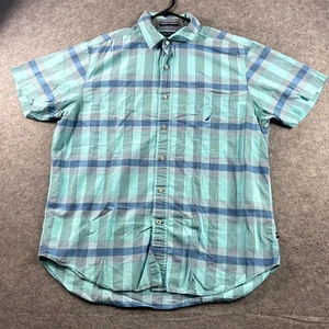 Camisa con botones Nautica para hombre manga corta grande azul a cuadros calce clásico algodón - Imagen 1 de 9