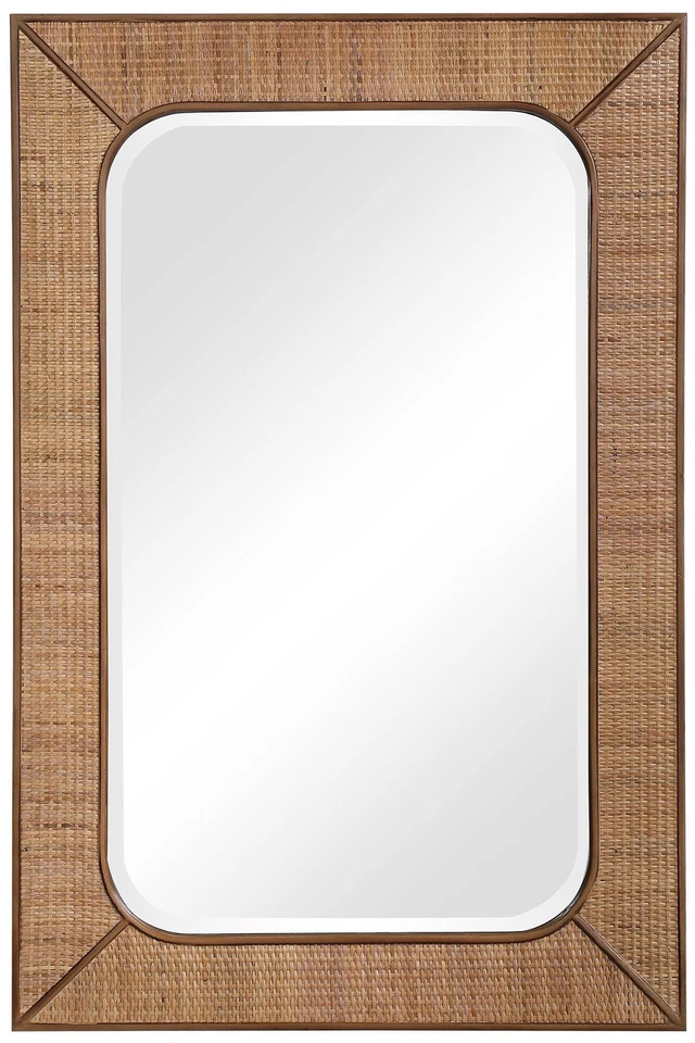 Espejo de pared rectangular tocador con marco de ratán mancha de arce 28" de ancho para baño Foto 1 de 1