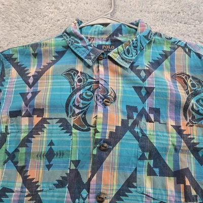 Polo Ralph Lauren Button Down Shirt Men Large  Blue Aztec Short Sleeve - Image 1 of 4