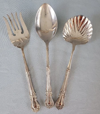 Set of 3 Silver Plate Shell Serving Spoon, Large Serving Fork and Stuffing Spoon - Image 1 of 4