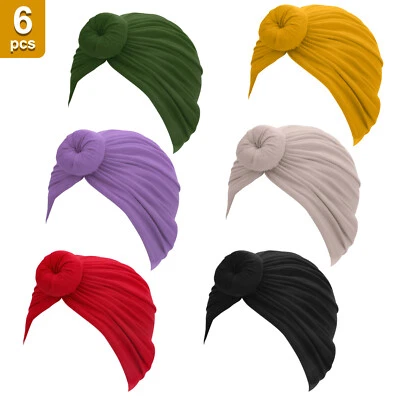 6pcs African Turban Flower Knot Pre-Tied Bonnet Headwraps Beanie Cap for Women - Image 1 of 4