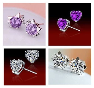 Silver Heart Stud Earrings Rhinestone Crystal Women Girls ladies Gift Earrings  - Picture 1 of 7