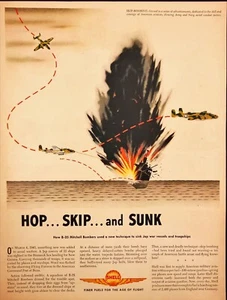 1943 Shell B-25 Mitchell Bomber Sink Enemy Vessels WW II Print Ad Hop Skip Sunk - Picture 1 of 7