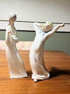 Vintage Porceval Pair of Figurines Boy Bedtime Stretch and Girl with Candle - Picture 1 of 3