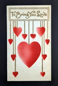 Antique Valentine Greeting Card Hanging Hearts Tipped In Illustration - Picture 1 of 6