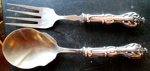 VINTAGE FORK & LADLE MADE IN ITALY, "EPNS" WITH STERLING SILVER HANDLES, USED Cover