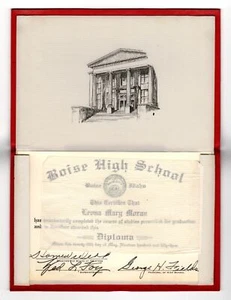 Diploma de escuela secundaria Boise Idaho 1953 en carpeta y sobre originales - Imagen 1 de 5