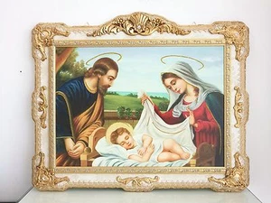 QUADRO PANNELLO D'ARREDO SACRA FAMIGLIA IN LEGNO FOGLIA ORO CON CRISTALLI - Picture 1 of 1