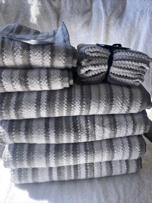 Nautica 8 PC Towel Set Modern Stripe Pembrook Gray White Cotton NEW - Image 1 of 4