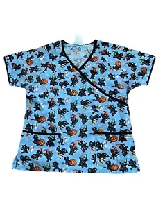 Halloween Womens Scrub Top Sz M Short Sleeve V Neck UAScrubs 2 Pocket Black Cats - Picture 1 of 8