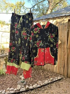 Anne Carson Vintage Oriental Pant Suit Full Zipper Jacket Hoodie Size M Silk - Picture 1 of 17