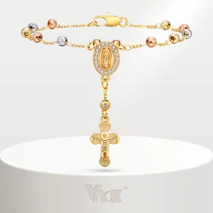 Vnox Virgin Mary Bracelet Maria Rosary Crucifix Cross Tricolor Bead Chain Gold - Picture 1 of 8