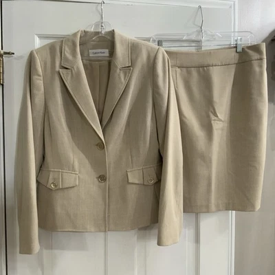 Calvin Klein 2 Piece Skirt Blazer Suit Set 14P Tan Lined Pockets 2 Button Career - Image 1 of 4
